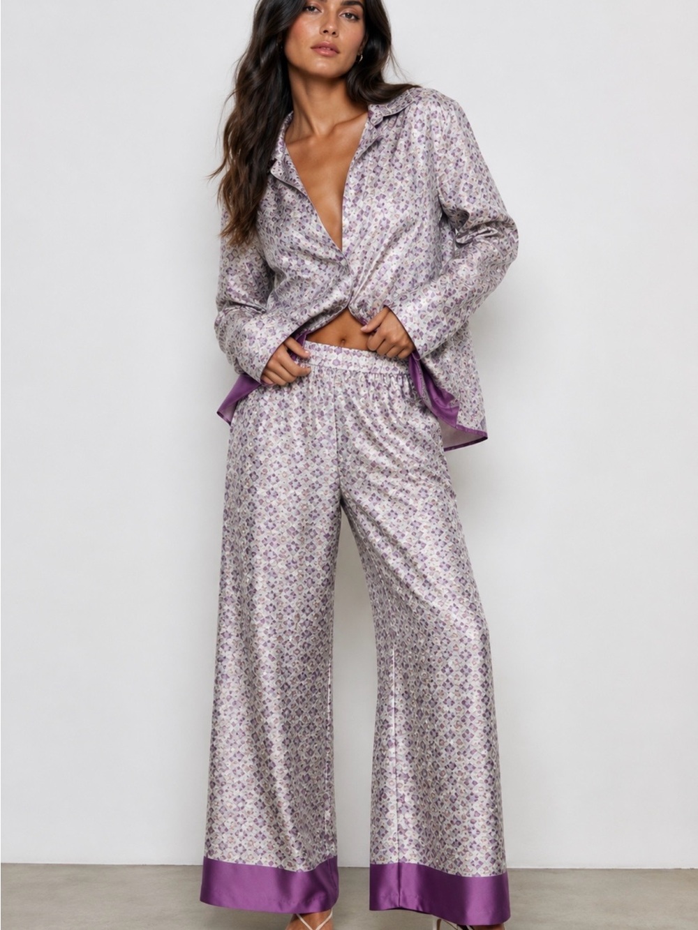 Zara Blue and Purple Floral Print Satin Blouse with Pants Set / size M/L